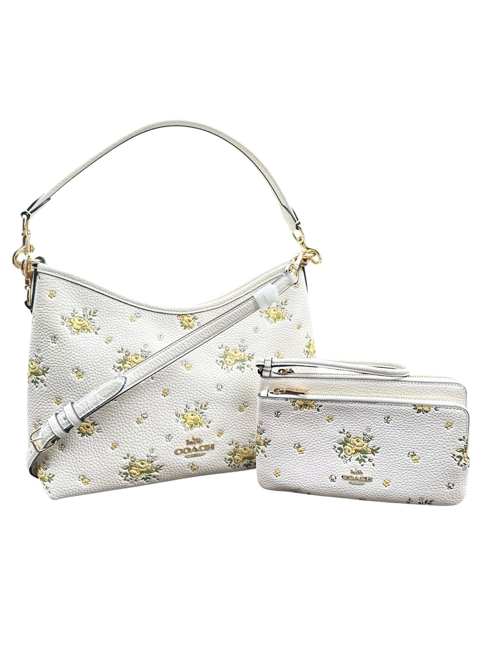 COACH White Laurel Pebbled Leather Floral Shoulder Bag & Double Zip Wristlet